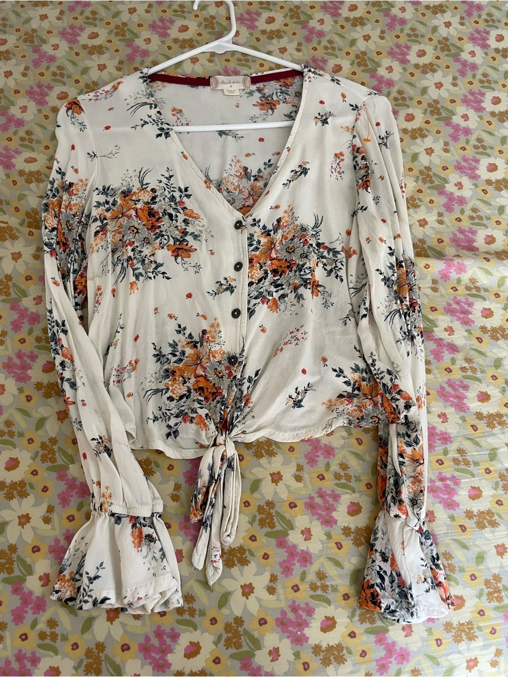 Altar'd State Cream Blouse with Orange & Green Floral Tie-Front